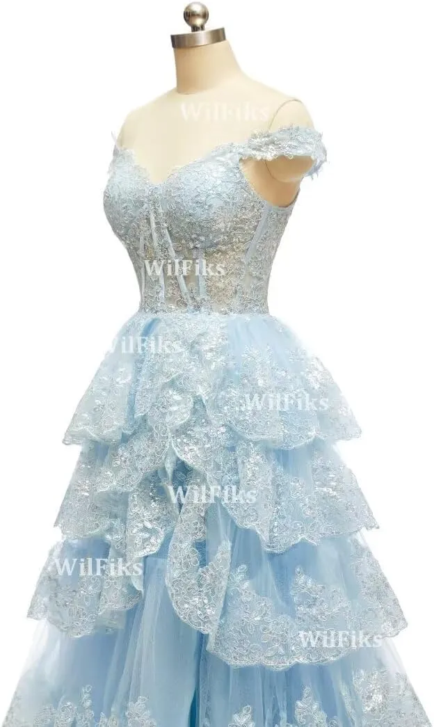 Off Shoulder Tiered Lace Prom Dresses 2025 Long Ball Gowns for Women Formal Sparkly Sequin Corset Evening Gown with Slit