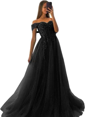 Off The Shoulder Tulle Prom Dresses 2025 Lace Applique A Line Long Sparkly Formal Evening Party Gowns