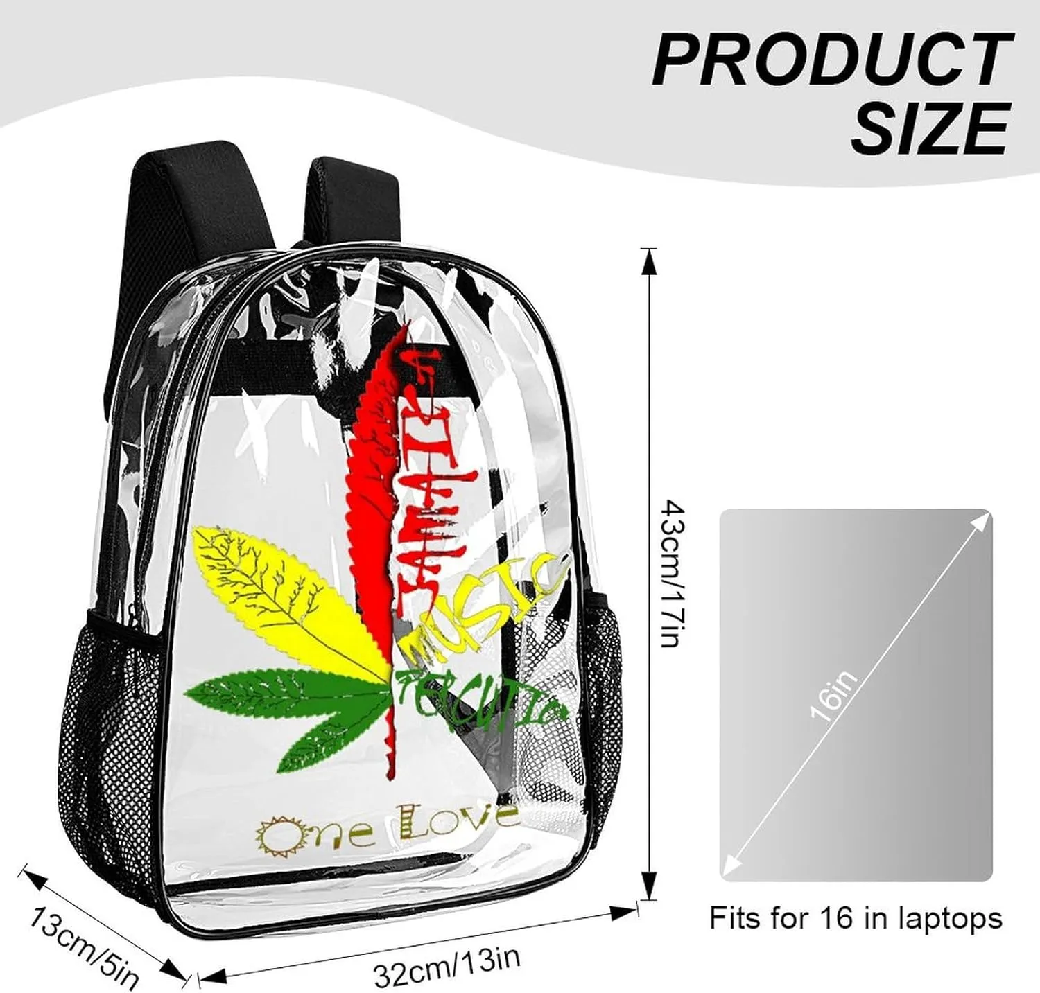 One Love Jamaican Rasta Reggae Clear Backpacks PVC Transparent Laptop Backpack Multipurpose Double Shoulder Bag for Men Women Gifts