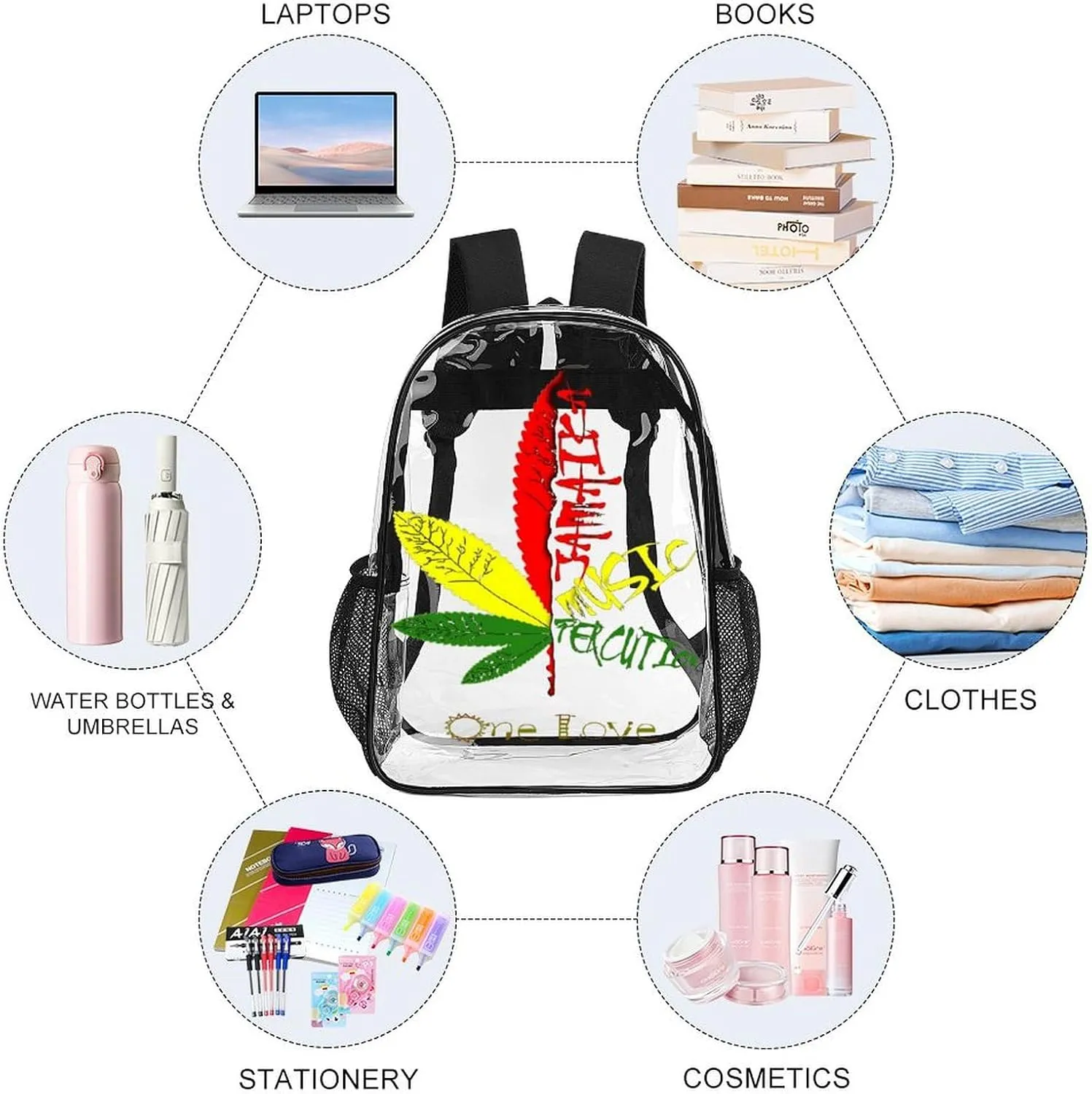 One Love Jamaican Rasta Reggae Clear Backpacks PVC Transparent Laptop Backpack Multipurpose Double Shoulder Bag for Men Women Gifts