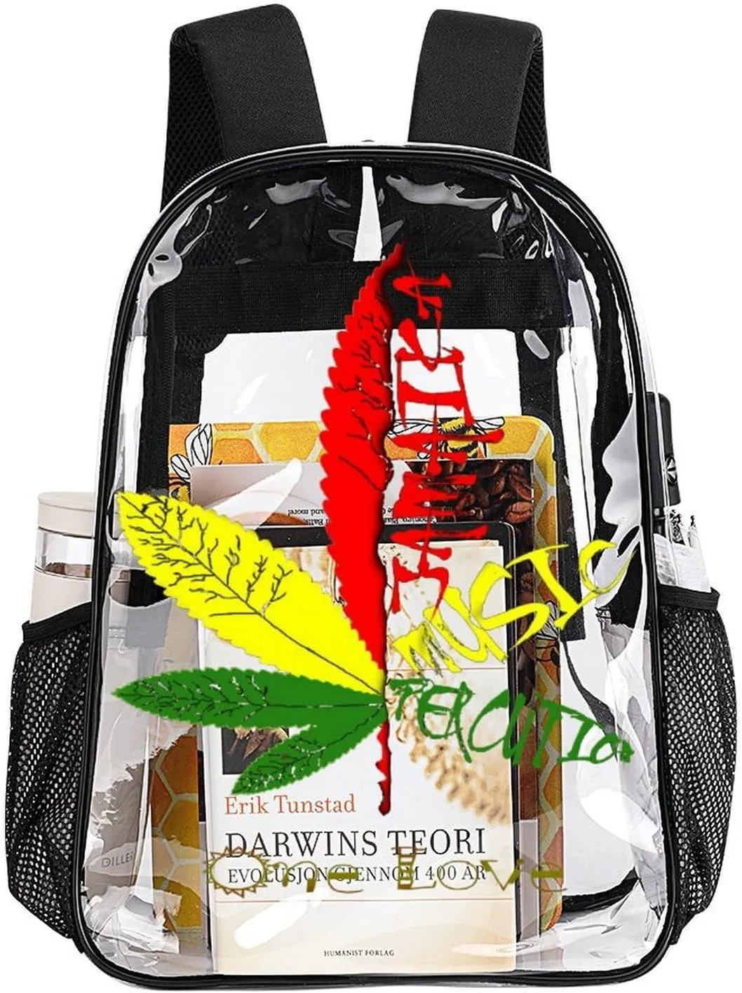 One Love Jamaican Rasta Reggae Clear Backpacks PVC Transparent Laptop Backpack Multipurpose Double Shoulder Bag for Men Women Gifts