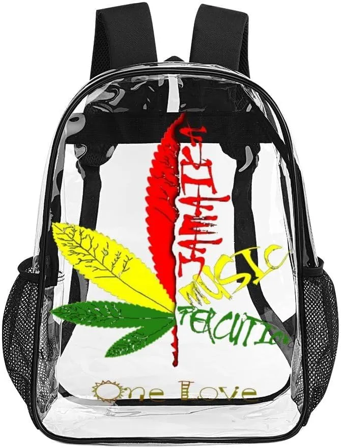 One Love Jamaican Rasta Reggae Clear Backpacks PVC Transparent Laptop Backpack Multipurpose Double Shoulder Bag for Men Women Gifts