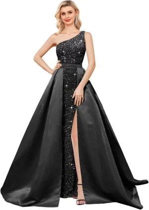 One Shoulder Sequin Prom Dress 2025 with Detachable Satin Ball Gown Sparkly Formal Evening Gowns for Women with Cape