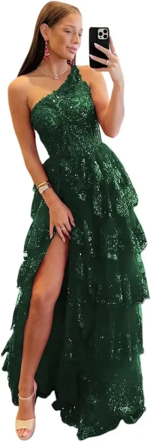 One Shoulder Sparkly Lace Tiered Tulle Prom Dresses Corset Long A Line Formal Evening Gown with Slit QA120