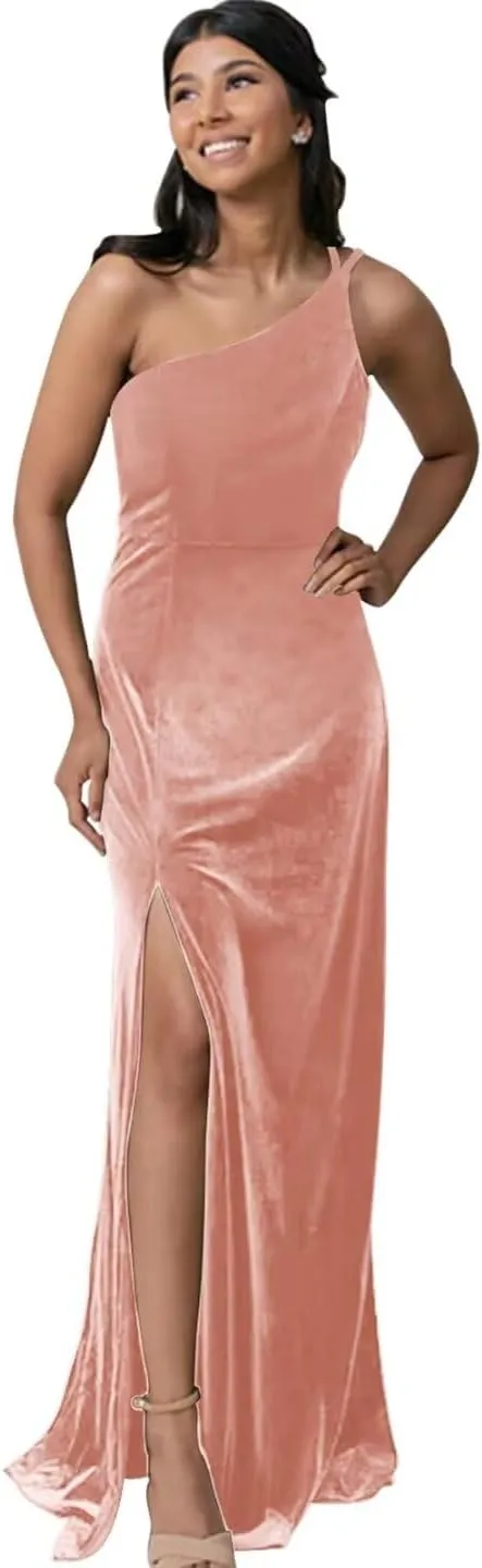 One Shoulder Velvet Bridesmaid Dress Long for Women 2024 with Slit Wedding Guest Dress Formal