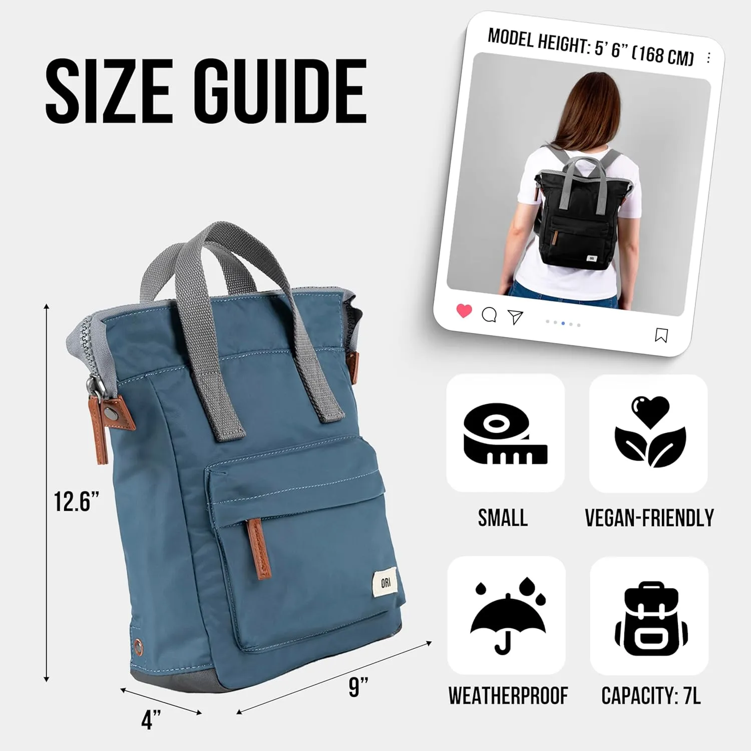 ORI LONDON Small Tote Bag Backpack - Nylon Tote Backpack for Women & Men - Wide Mouth, Chunky Zippers - The Bantry, Airforce Blue