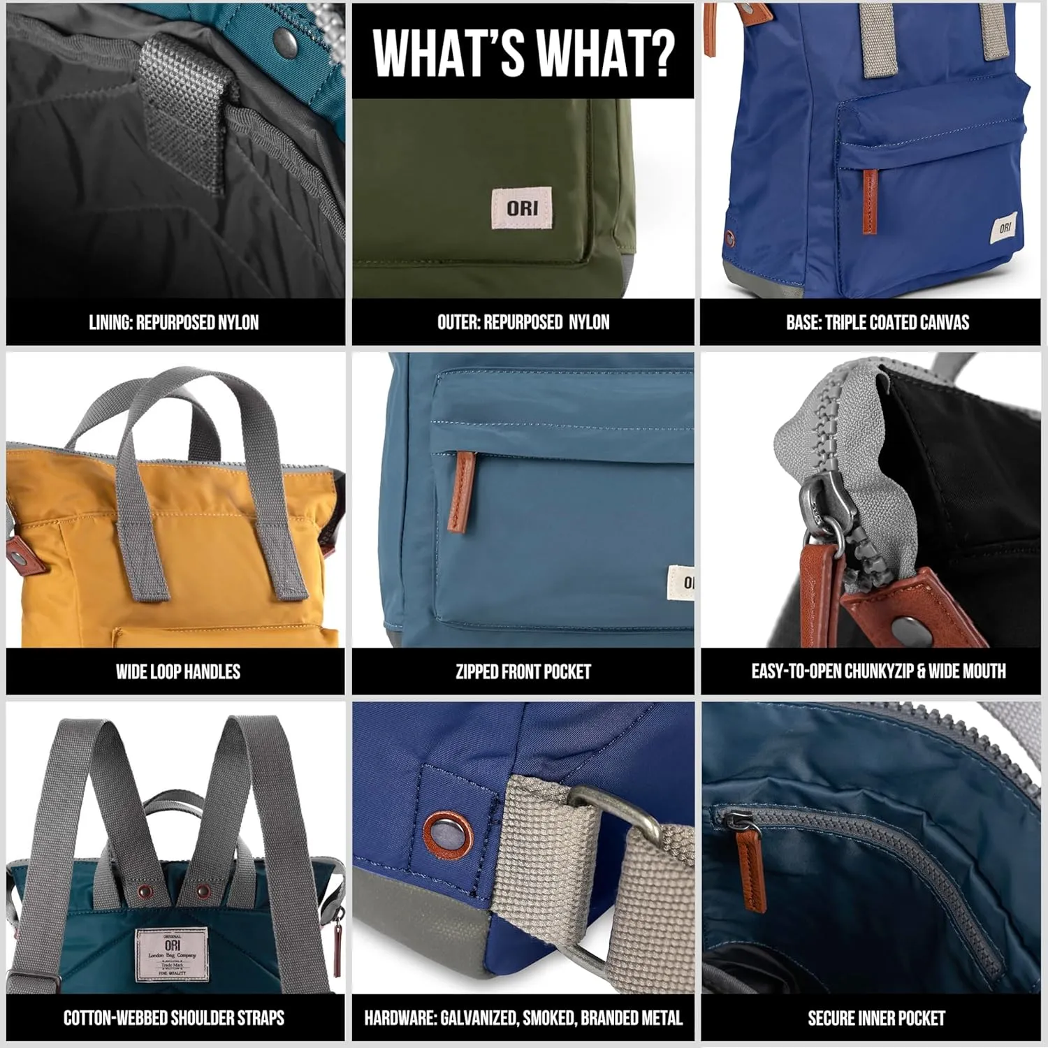 ORI LONDON Small Tote Bag Backpack - Nylon Tote Backpack for Women & Men - Wide Mouth, Chunky Zippers - The Bantry, Airforce Blue