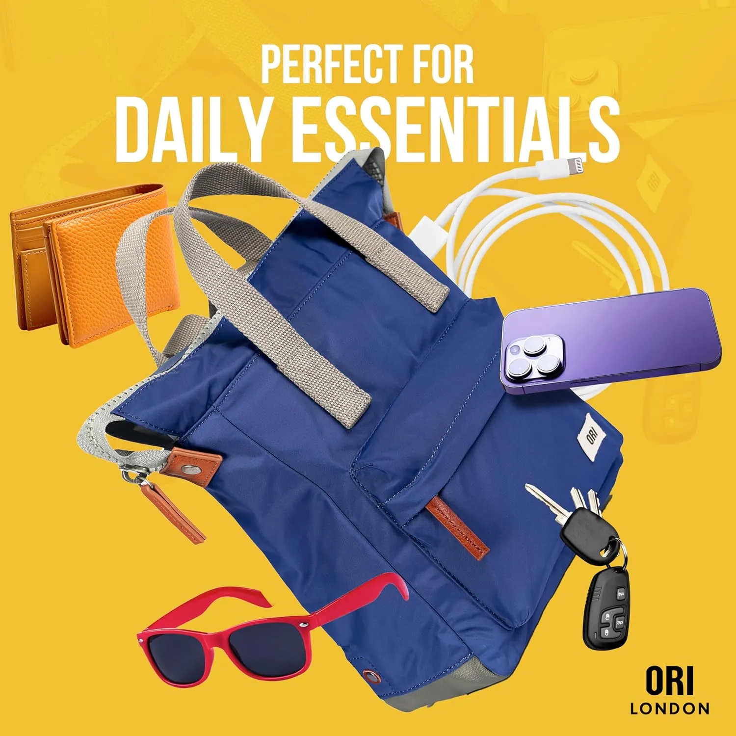 ORI LONDON Small Tote Bag Backpack - Nylon Tote Backpack for Women & Men - Wide Mouth, Chunky Zippers - The Bantry, Airforce Blue