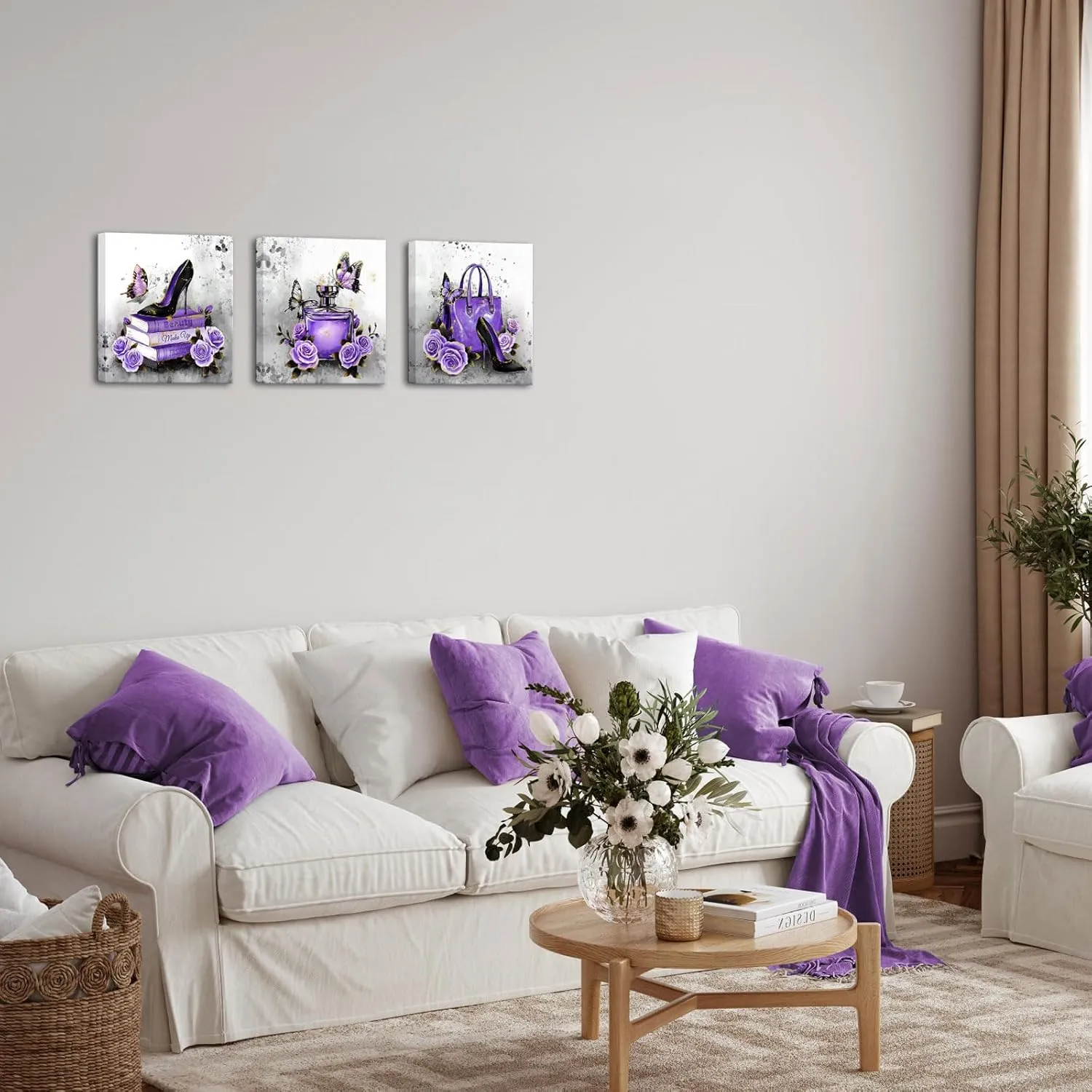 OuElegent Fashion Purple Wall Decor Purple Grey Wall Art Handbag Perfume Pictures Fashion Paintings for Women 12''x12''x3 (Purple)