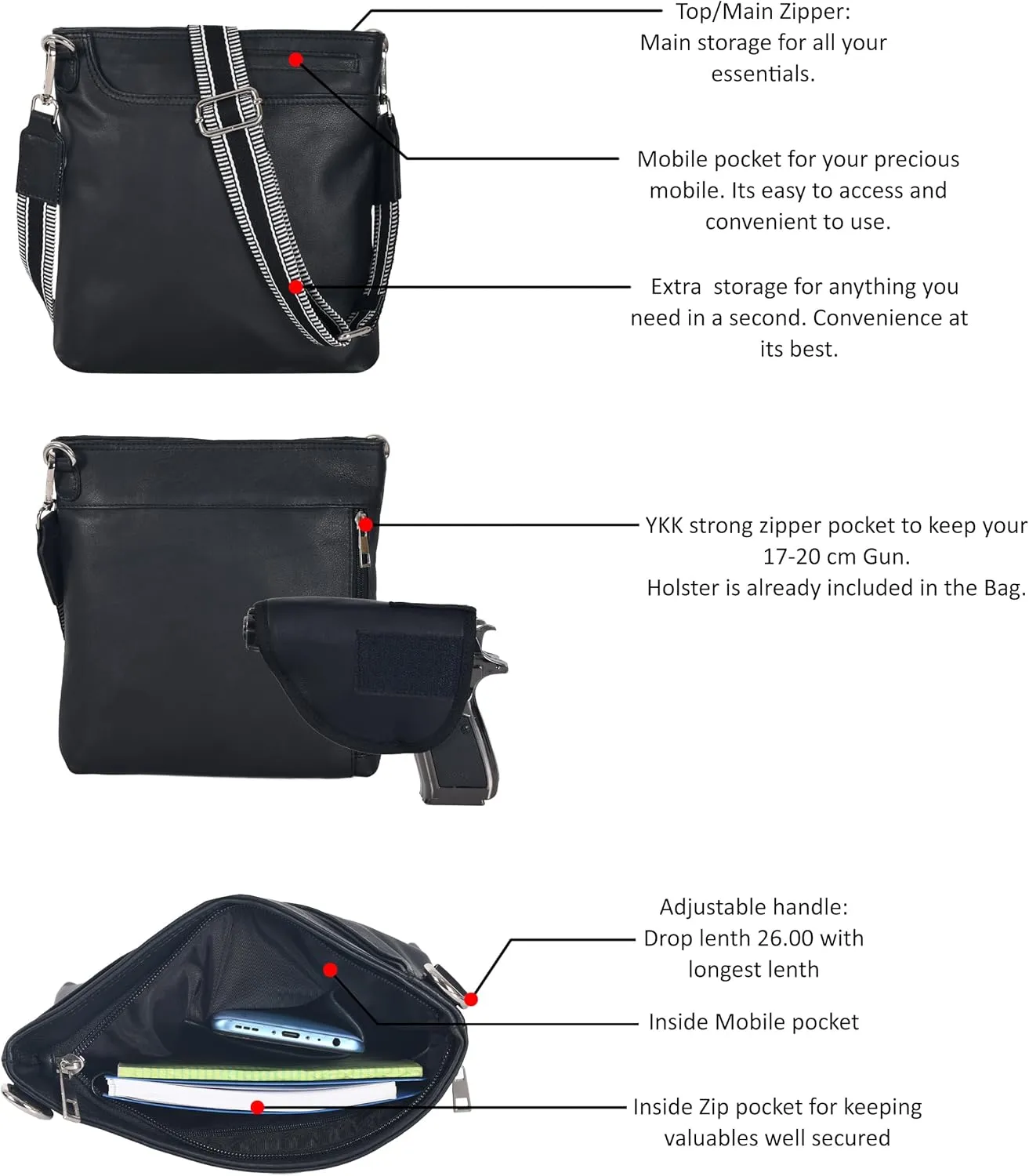 Ozora Multi Pockets Handmade Leather Crossbody Handbags & Sling Bag for Men & Women with Detachable Holster