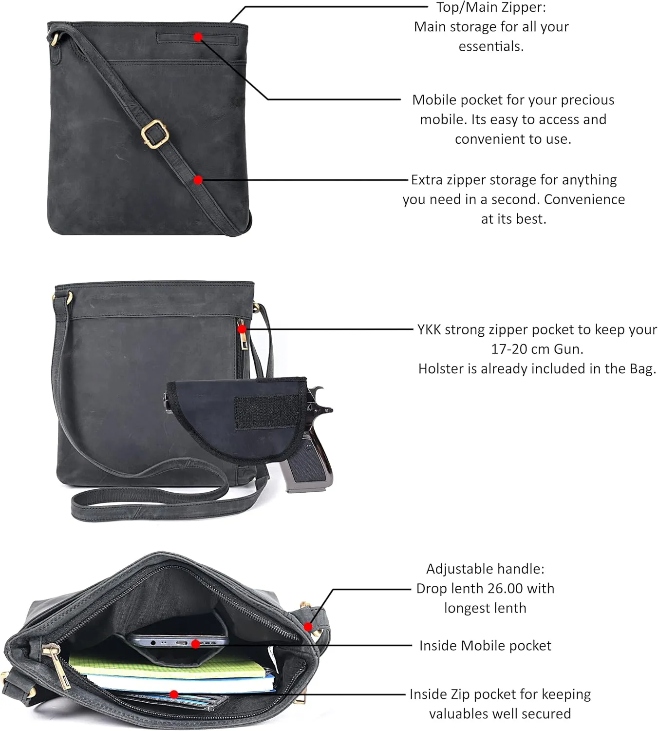 Ozora Multi Pockets Handmade Leather Crossbody Handbags & Sling Bag for Men & Women with Detachable Holster