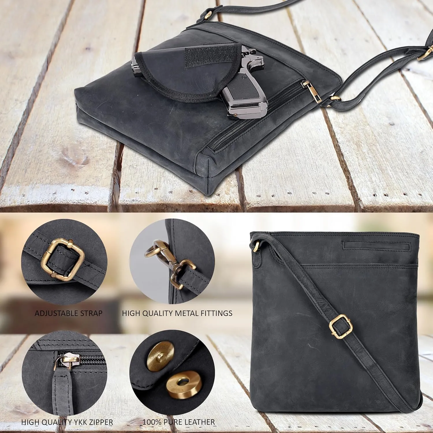 Ozora Multi Pockets Handmade Leather Crossbody Handbags & Sling Bag for Men & Women with Detachable Holster