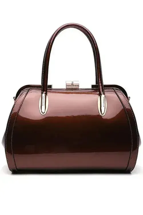Patent Satchel Handbag - Gold Accent Faux Leather Bag | Femstylo