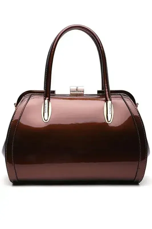 Patent Satchel Handbag - Gold Accent Faux Leather Bag | Femstylo