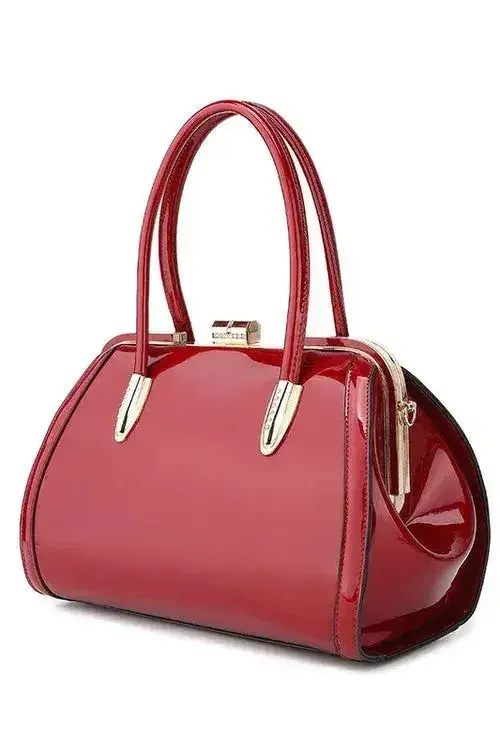 Patent Satchel Handbag - Gold Accent Faux Leather Bag | Femstylo