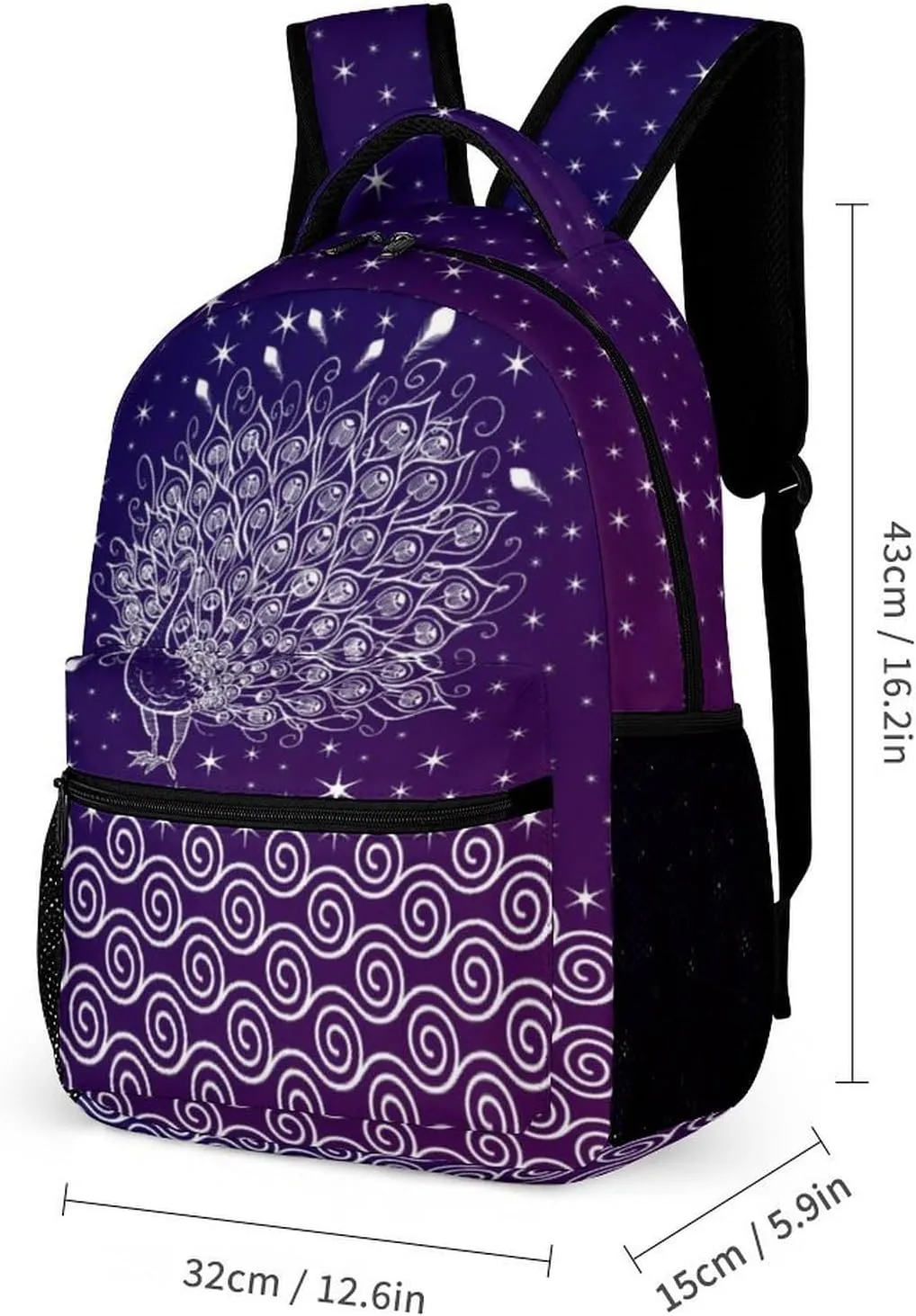 Peacock Backpack for Kids Girls Boys School, 16 Inches Cute Peacocks Theme Bookbag, Adjustable, Lightweight, Large Capacity, Colorful Daily Casual Purple Backpacks
