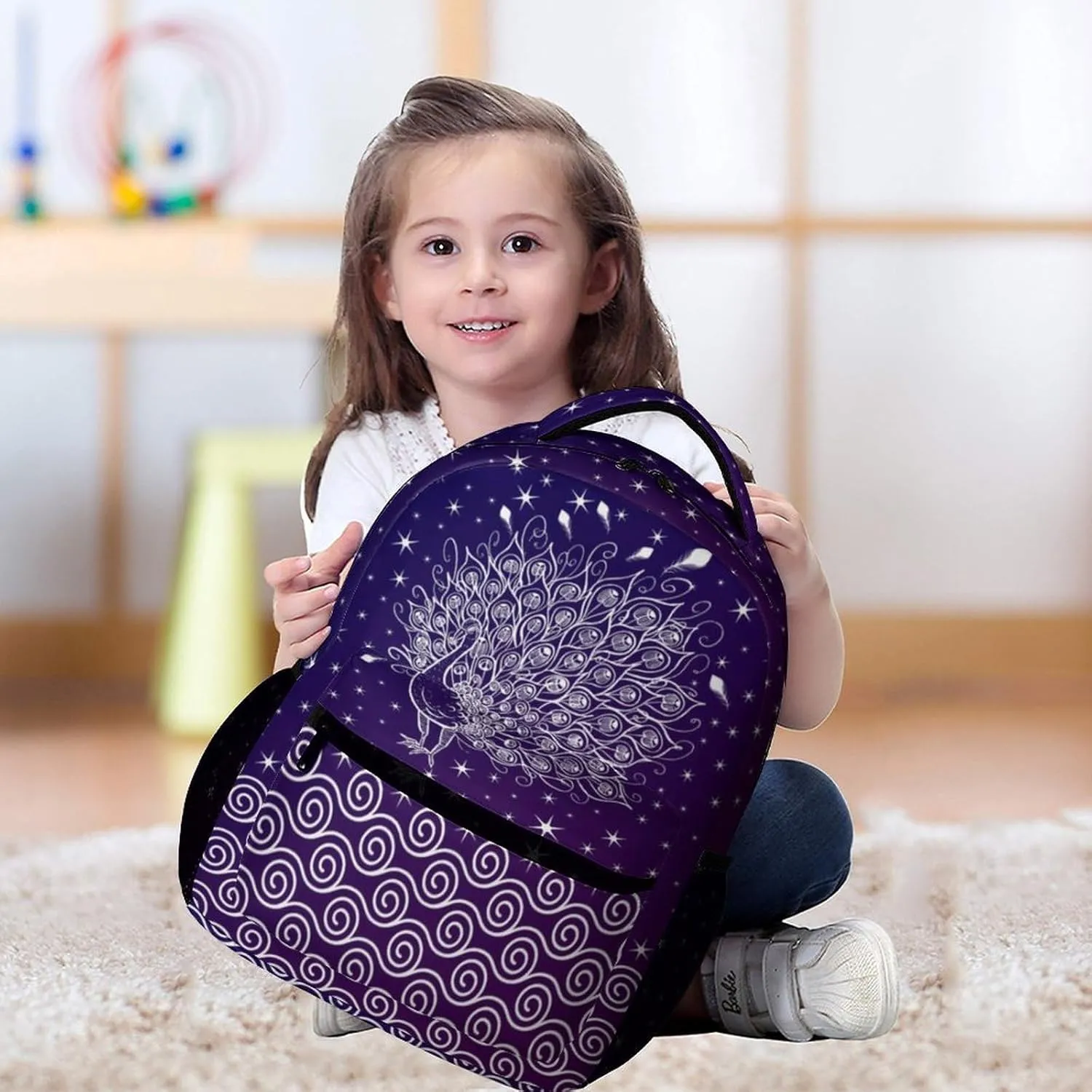 Peacock Backpack for Kids Girls Boys School, 16 Inches Cute Peacocks Theme Bookbag, Adjustable, Lightweight, Large Capacity, Colorful Daily Casual Purple Backpacks