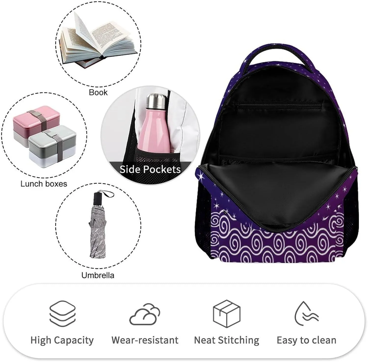 Peacock Backpack for Kids Girls Boys School, 16 Inches Cute Peacocks Theme Bookbag, Adjustable, Lightweight, Large Capacity, Colorful Daily Casual Purple Backpacks
