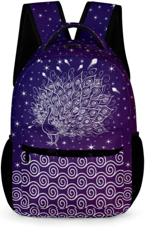 Peacock Backpack for Kids Girls Boys School, 16 Inches Cute Peacocks Theme Bookbag, Adjustable, Lightweight, Large Capacity, Colorful Daily Casual Purple Backpacks