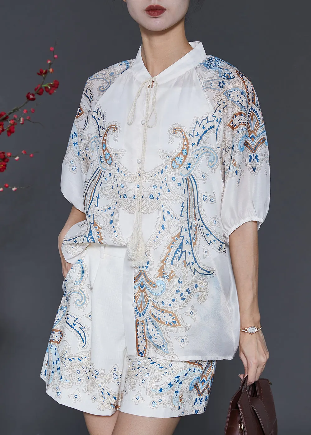 peopleterritory Boutique White Tasseled Print Ice Silk Two Pieces Set Summer SD1044