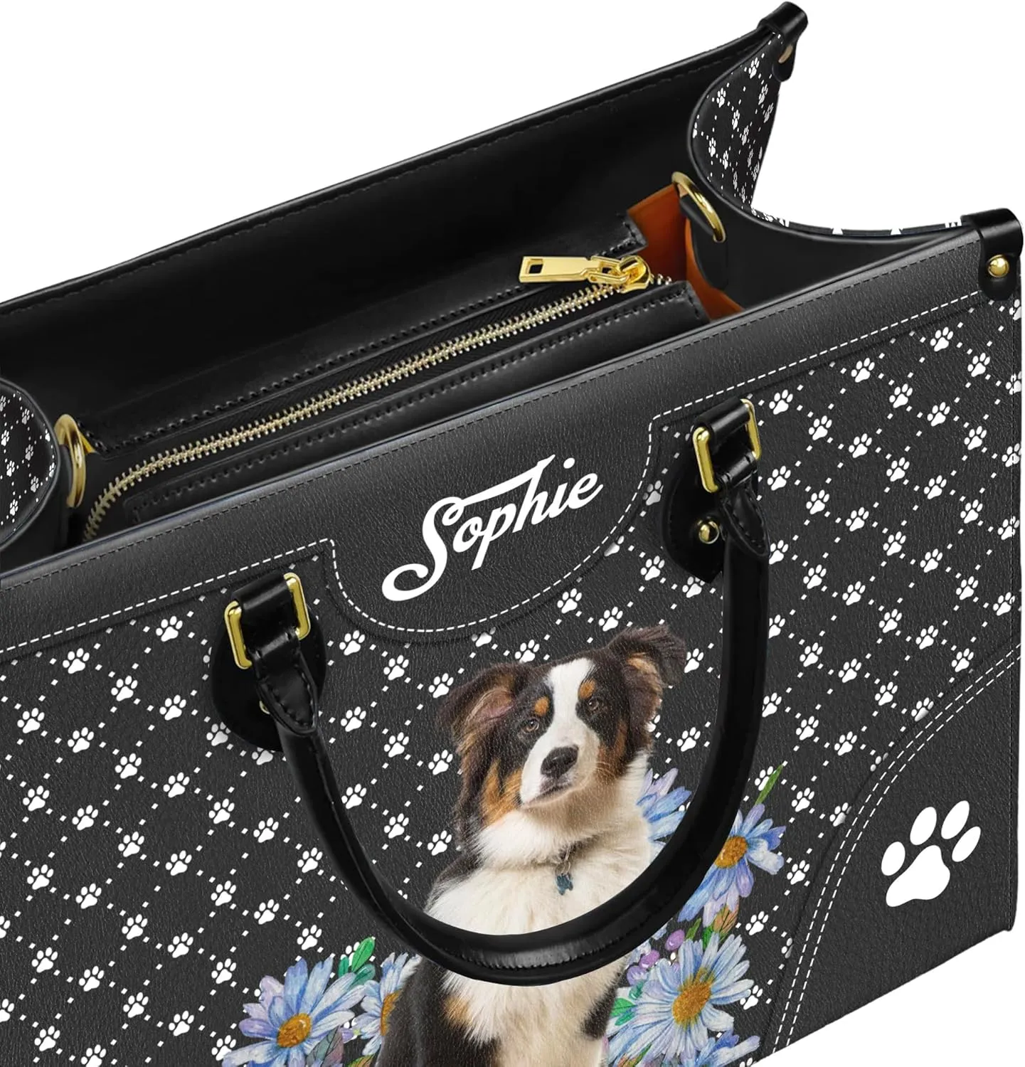 Personalized Australian Shepherd Dog Handbags, Custom Name Dog Leather Bags, Purses, Shoulder Bag, Gift For Dog Mom Dog Lover