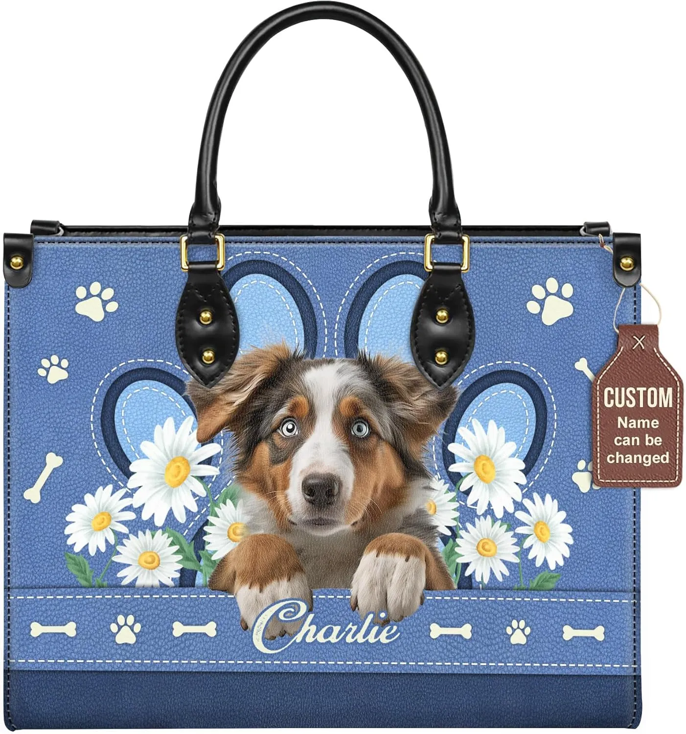 Personalized Australian Shepherd Dog Handbags, Custom Name Dog Leather Bags, Purses, Shoulder Bag, Gift For Dog Mom Dog Lover