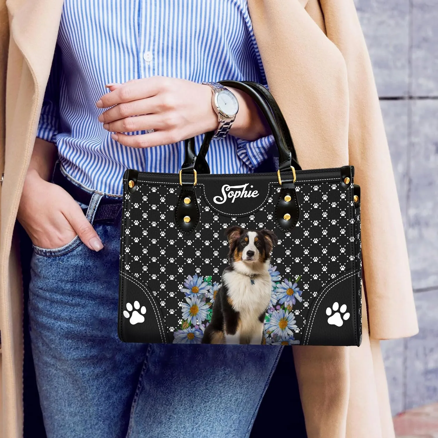 Personalized Australian Shepherd Dog Handbags, Custom Name Dog Leather Bags, Purses, Shoulder Bag, Gift For Dog Mom Dog Lover