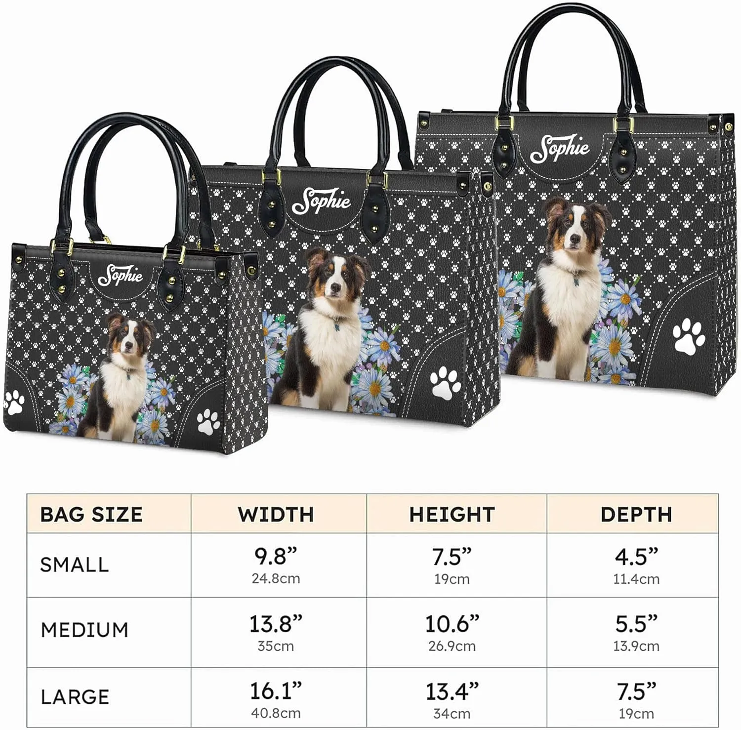 Personalized Australian Shepherd Dog Handbags, Custom Name Dog Leather Bags, Purses, Shoulder Bag, Gift For Dog Mom Dog Lover