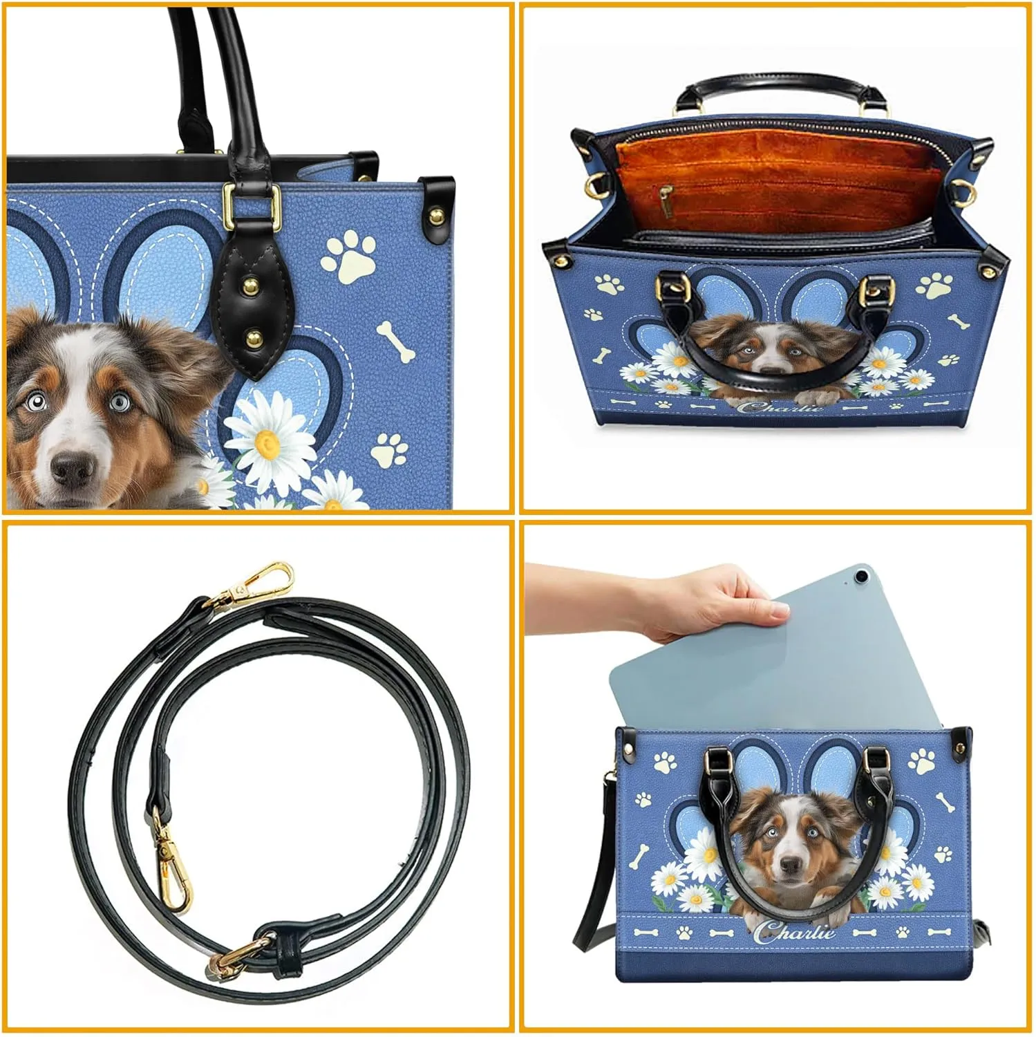 Personalized Australian Shepherd Dog Handbags, Custom Name Dog Leather Bags, Purses, Shoulder Bag, Gift For Dog Mom Dog Lover