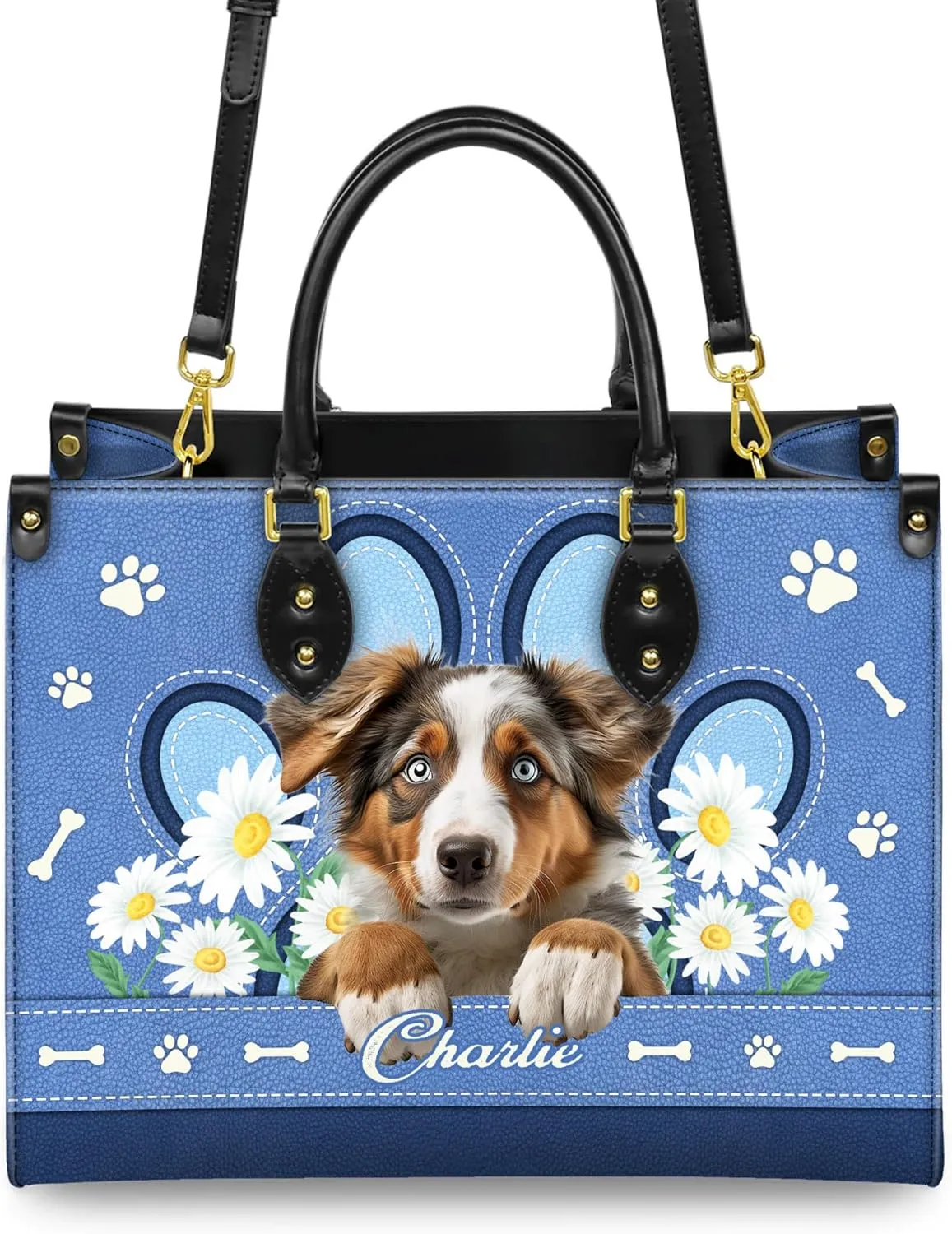 Personalized Australian Shepherd Dog Handbags, Custom Name Dog Leather Bags, Purses, Shoulder Bag, Gift For Dog Mom Dog Lover