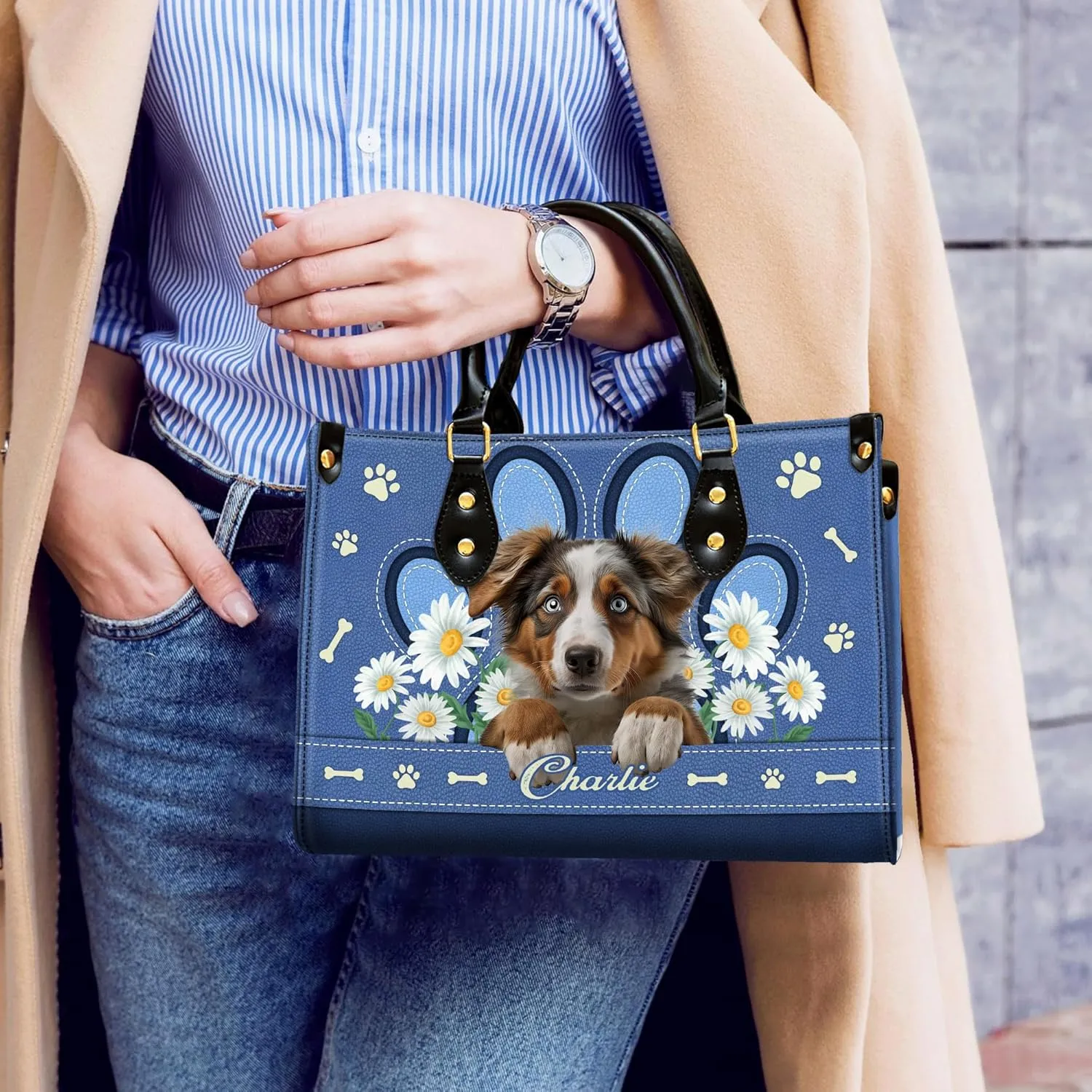 Personalized Australian Shepherd Dog Handbags, Custom Name Dog Leather Bags, Purses, Shoulder Bag, Gift For Dog Mom Dog Lover