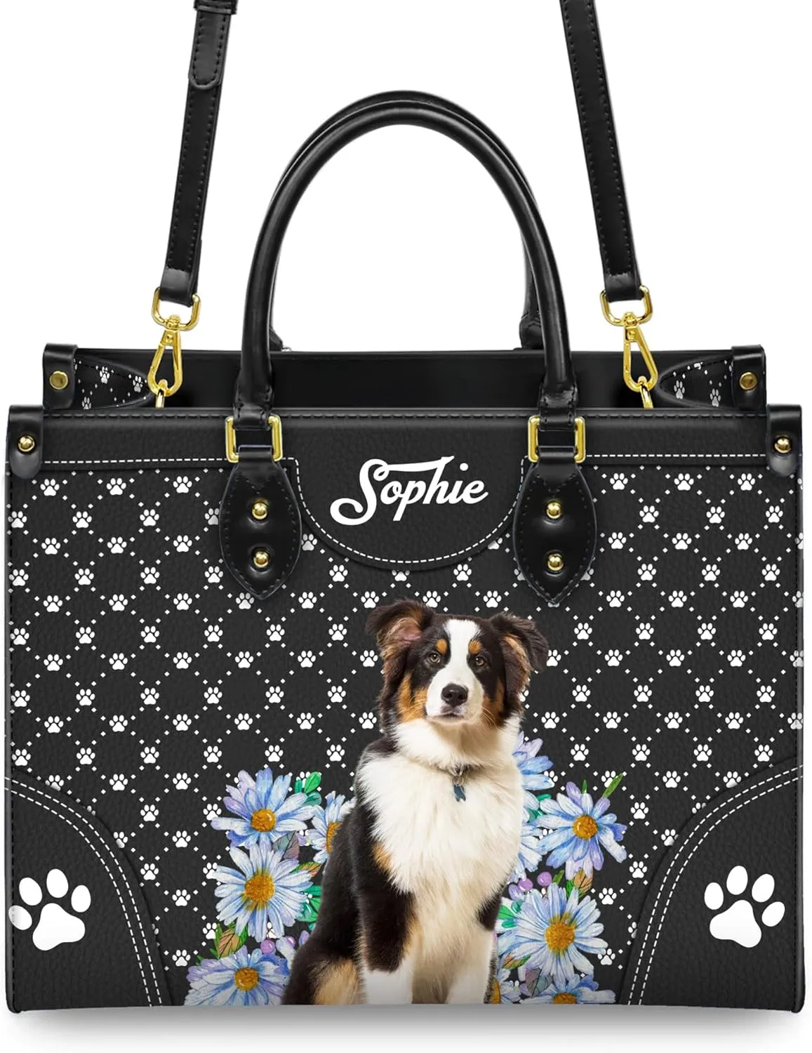 Personalized Australian Shepherd Dog Handbags, Custom Name Dog Leather Bags, Purses, Shoulder Bag, Gift For Dog Mom Dog Lover