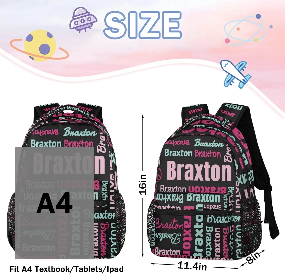 Personalized Backpacks with Name Large Customized Shoulder Bag Gifts for Women Men Waterproof Travel Casual Backpack 16in, Black Pink