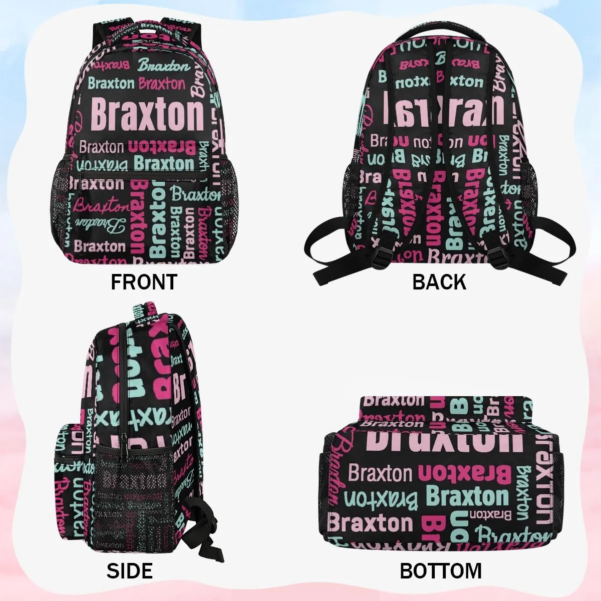 Personalized Backpacks with Name Large Customized Shoulder Bag Gifts for Women Men Waterproof Travel Casual Backpack 16in, Black Pink