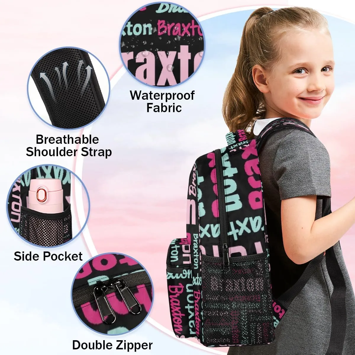 Personalized Backpacks with Name Large Customized Shoulder Bag Gifts for Women Men Waterproof Travel Casual Backpack 16in, Black Pink