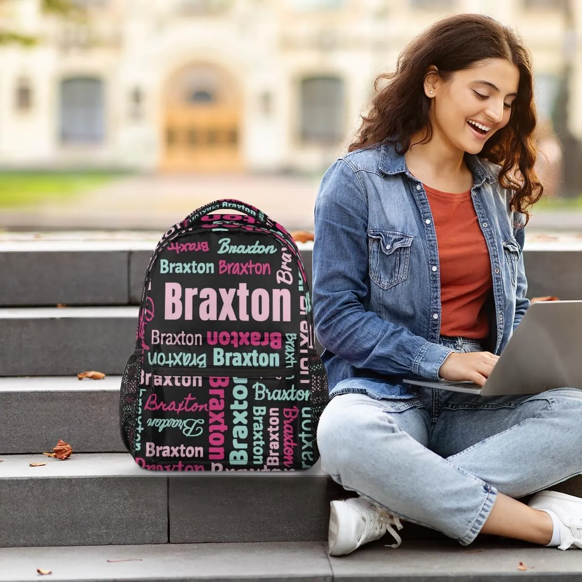 Personalized Backpacks with Name Large Customized Shoulder Bag Gifts for Women Men Waterproof Travel Casual Backpack 16in, Black Pink