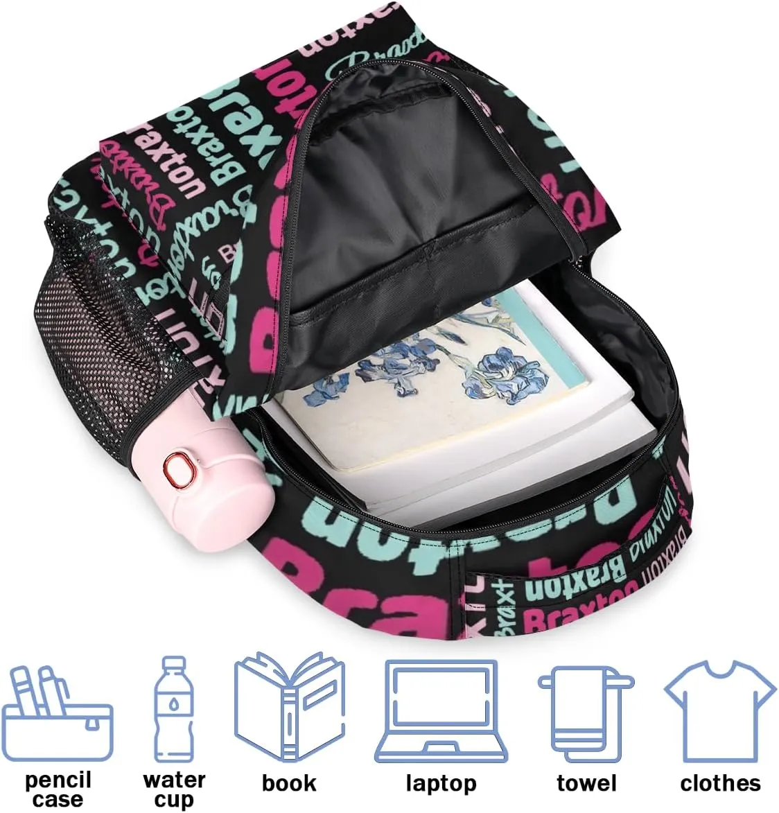 Personalized Backpacks with Name Large Customized Shoulder Bag Gifts for Women Men Waterproof Travel Casual Backpack 16in, Black Pink