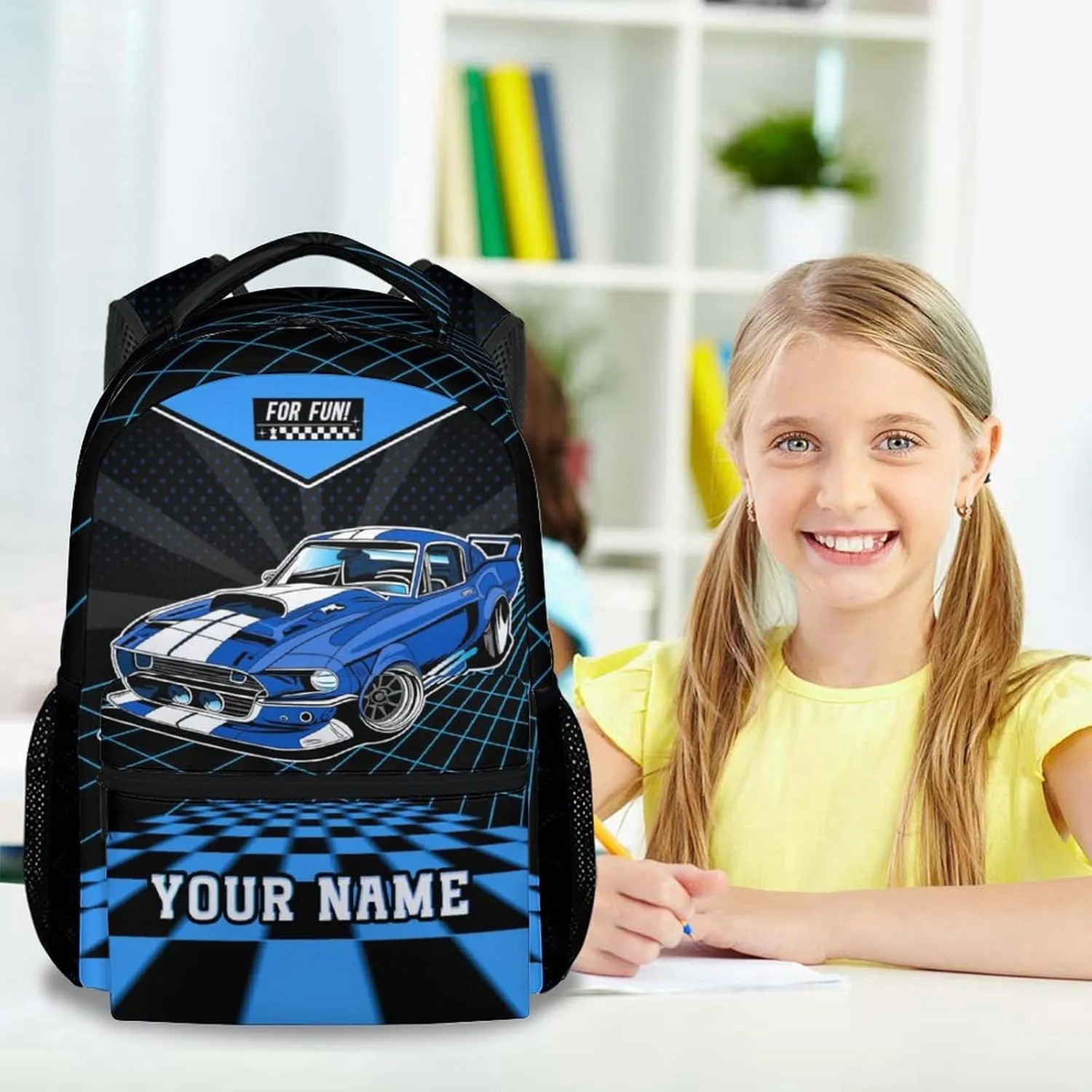 Personalized Car Backpack for School - 17 Inches Custom Teens Backpacks for College - Cool Black Bookbag for Student