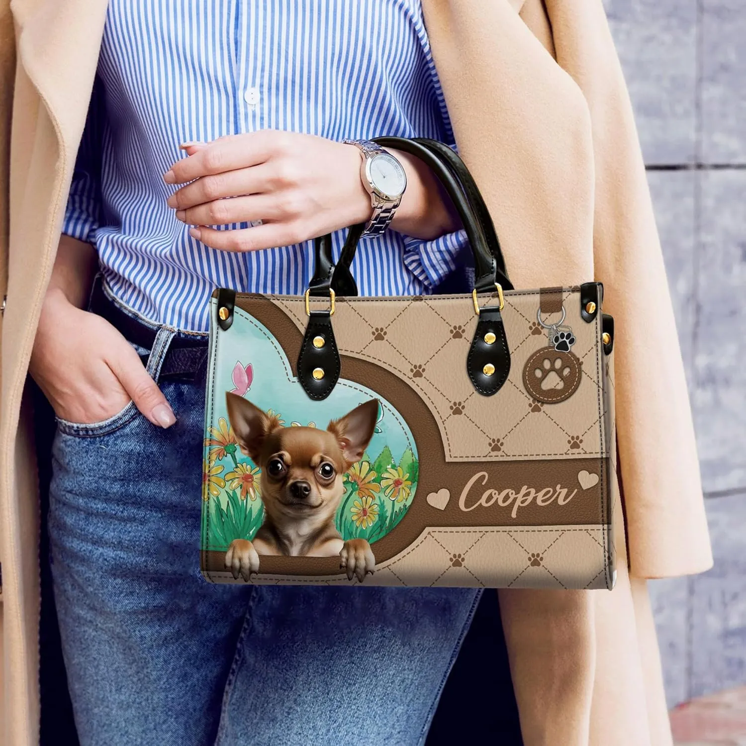 Personalized Chihuahua Dog Handbags, Custom Name Dog Leather Bags, Purses, Shoulder Bag, Gift For Dog Mom Dog Lover