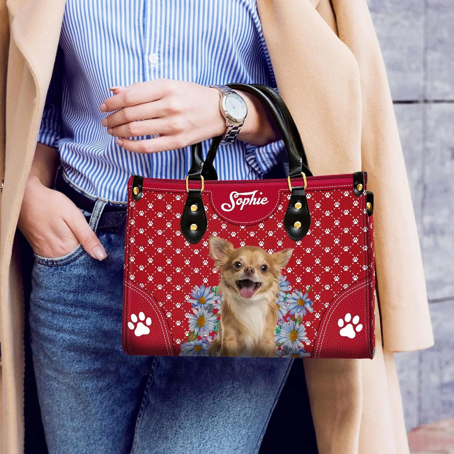Personalized Chihuahua Dog Handbags, Custom Name Dog Leather Bags, Purses, Shoulder Bag, Gift For Dog Mom Dog Lover