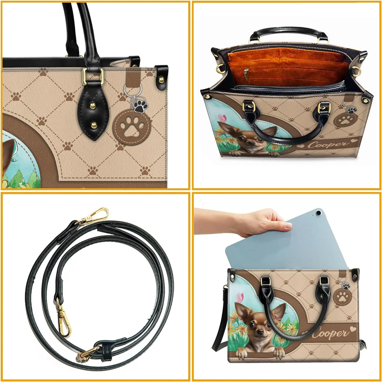Personalized Chihuahua Dog Handbags, Custom Name Dog Leather Bags, Purses, Shoulder Bag, Gift For Dog Mom Dog Lover