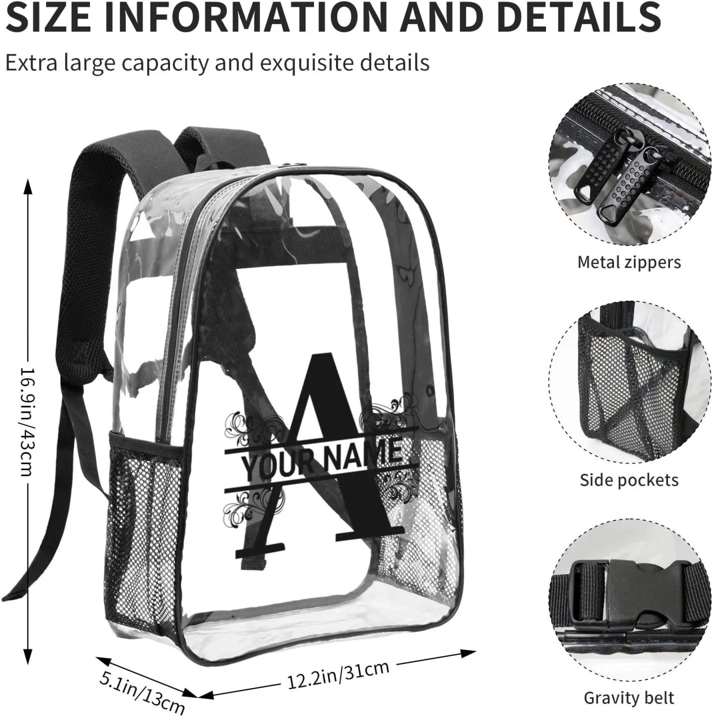 Personalized Clear Backpack for Women Men, Custom Transparent Backpacks with Name Text Photo, PVC Adjustable See Through Bag Suitable for Travel Work