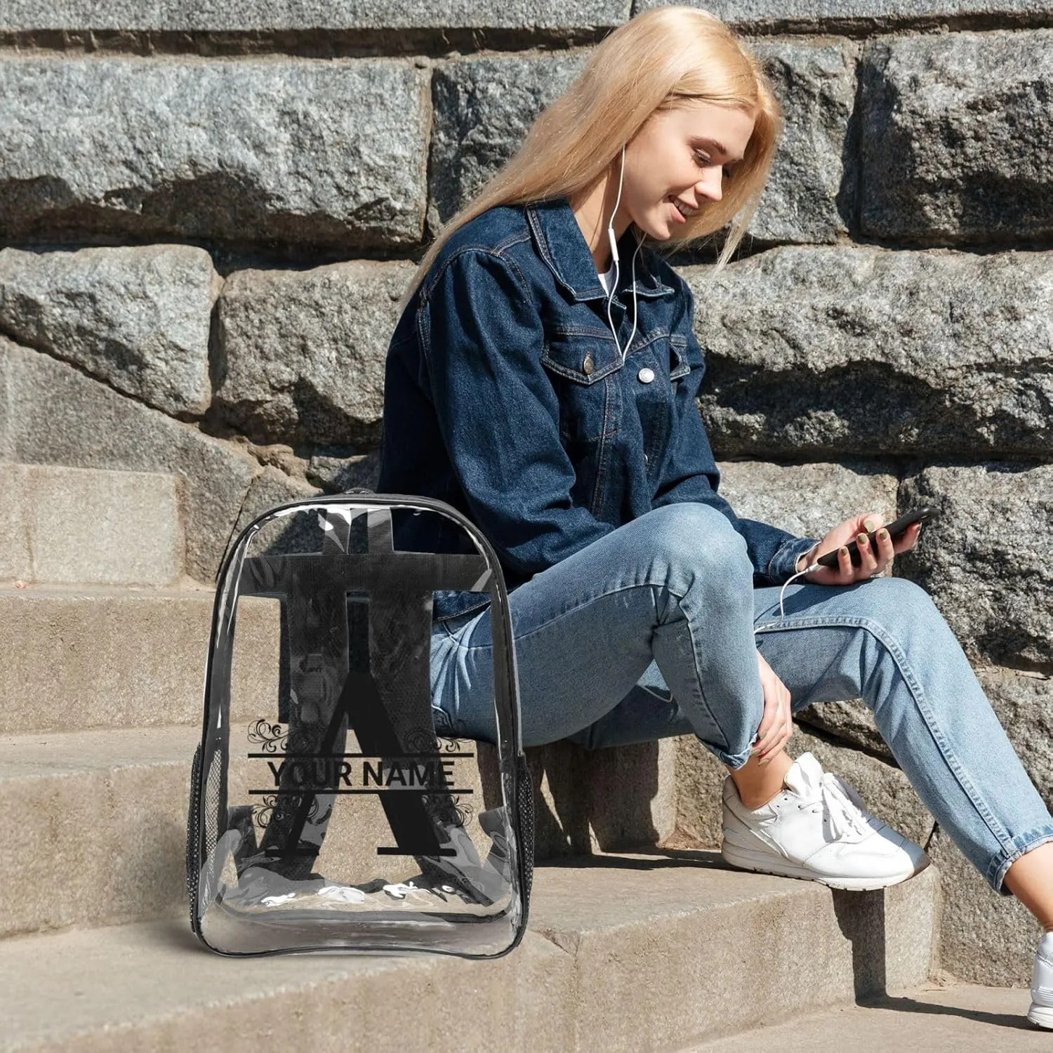 Personalized Clear Backpack for Women Men, Custom Transparent Backpacks with Name Text Photo, PVC Adjustable See Through Bag Suitable for Travel Work