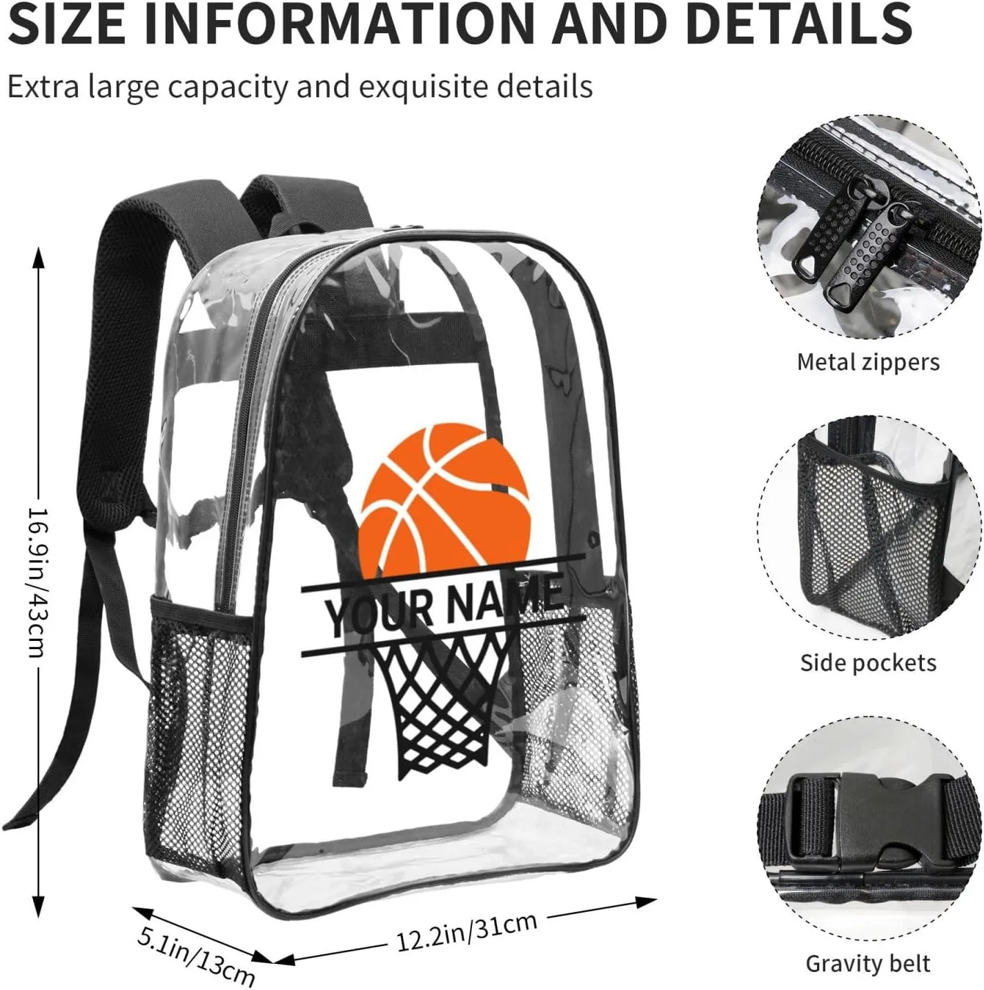 Personalized Clear Backpack for Women Men, Custom Transparent Backpacks with Name Text Photo, PVC Adjustable See Through Bag Suitable for Travel Work