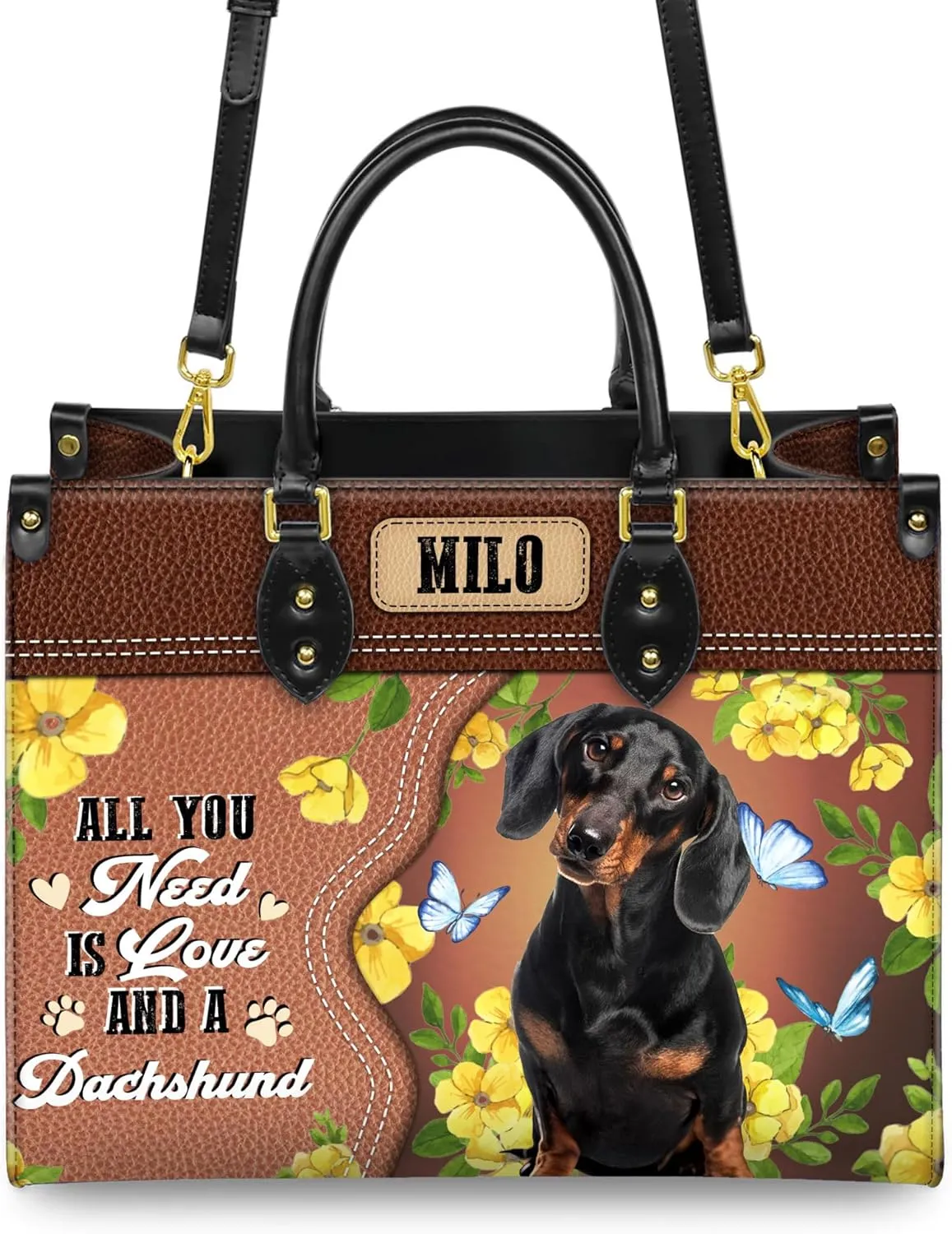 Personalized Dachshund Dog Handbags, Custom Name Dog Leather Bags, Purses, Shoulder Bag, Gift For Dog Mom Dog Lover