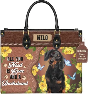 Personalized Dachshund Dog Handbags, Custom Name Dog Leather Bags, Purses, Shoulder Bag, Gift For Dog Mom Dog Lover