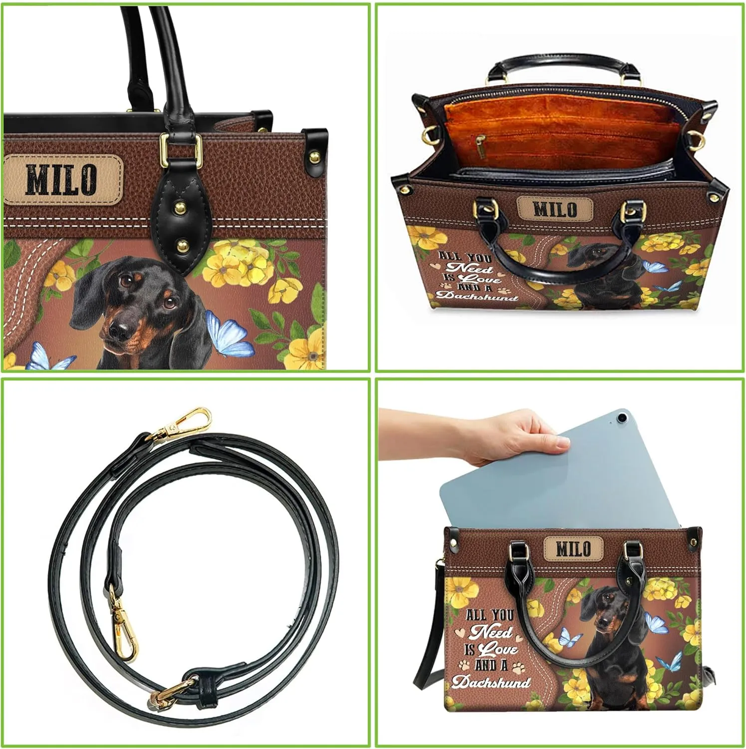 Personalized Dachshund Dog Handbags, Custom Name Dog Leather Bags, Purses, Shoulder Bag, Gift For Dog Mom Dog Lover
