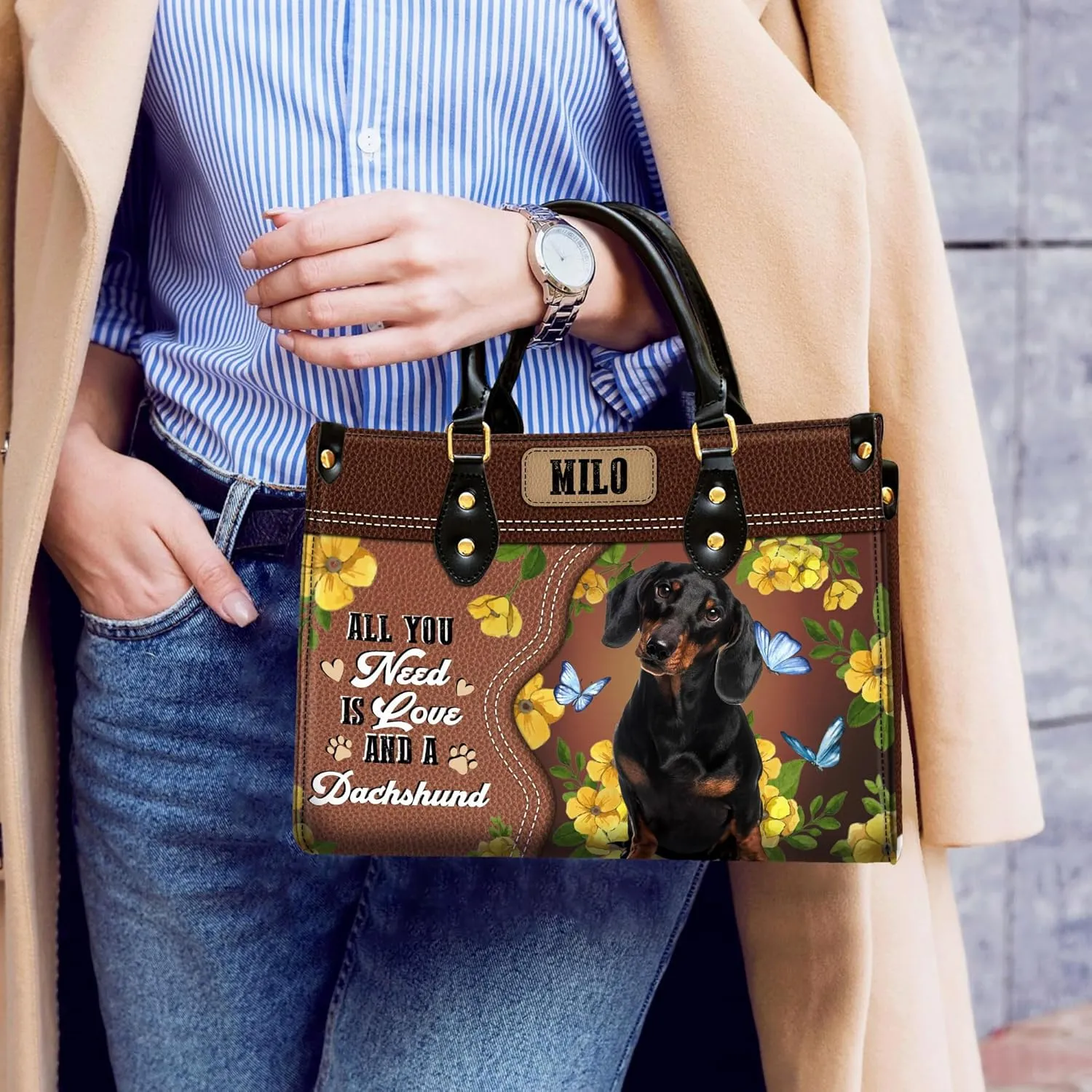 Personalized Dachshund Dog Handbags, Custom Name Dog Leather Bags, Purses, Shoulder Bag, Gift For Dog Mom Dog Lover