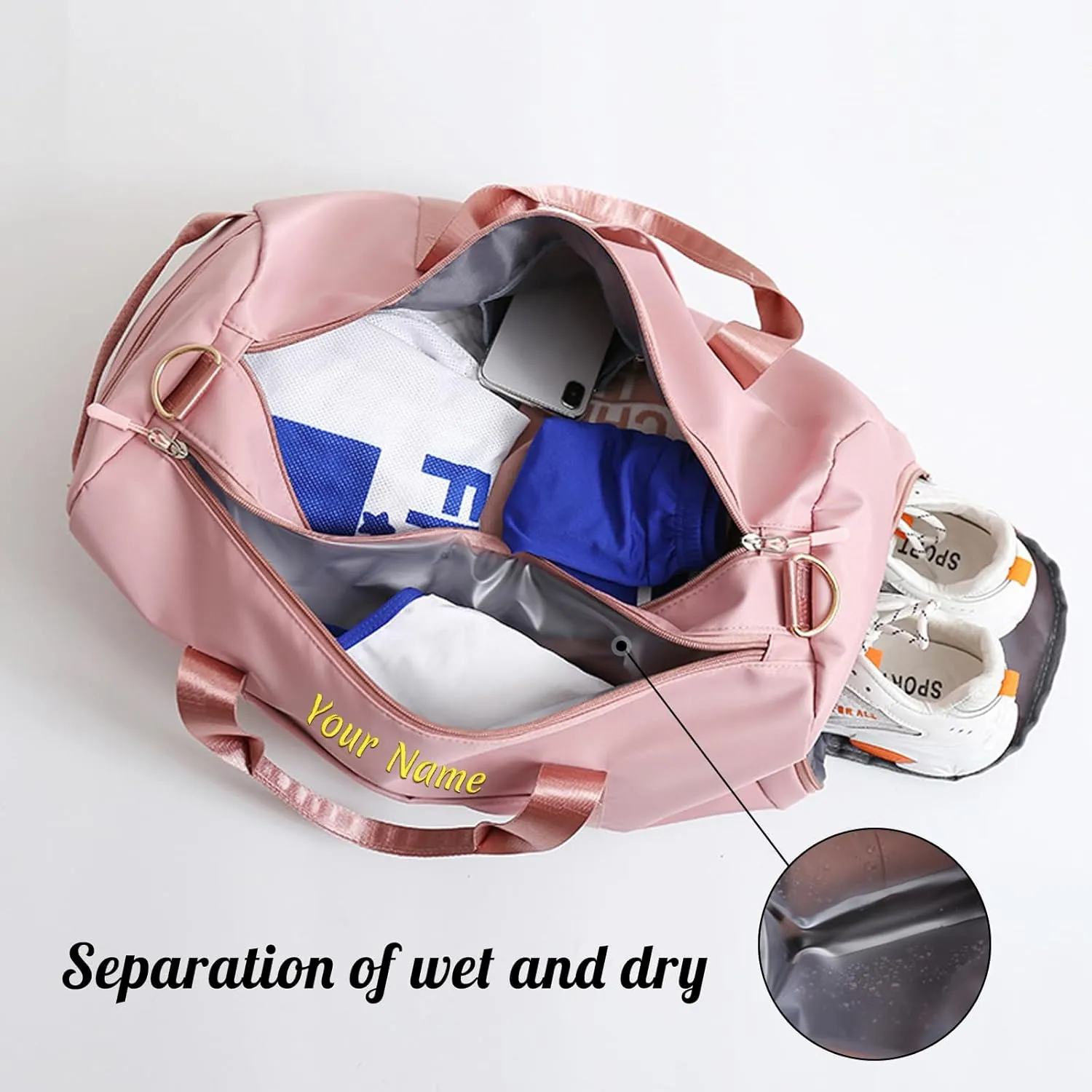 Personalized Duffel, Custom Name Embroidered Gym Bag With Wet and Dry Pocket & Shoe Compartment - Sports, Overnight Excursion, Weekend Travel, Dance & Yoga (Navy Blue)