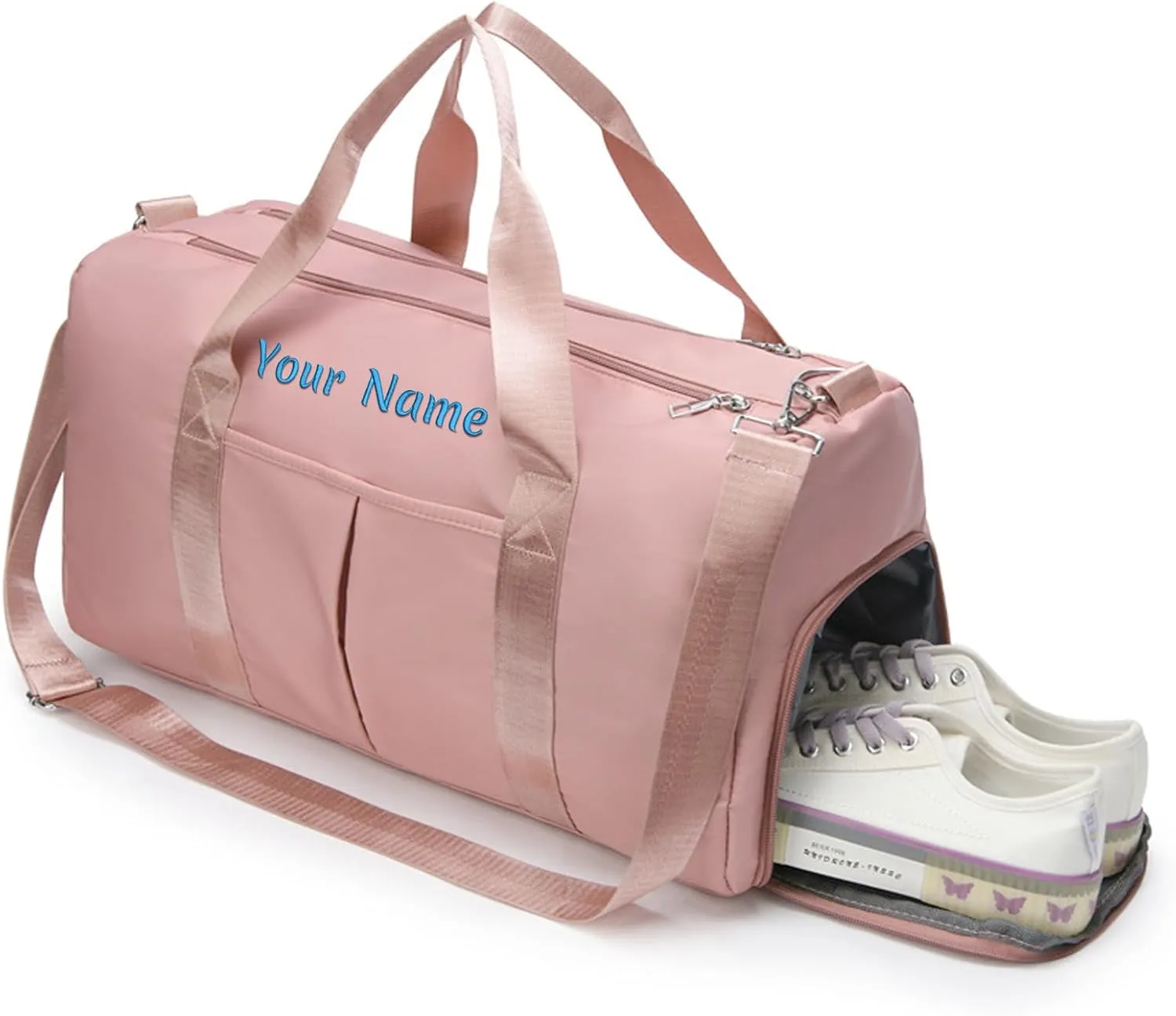 Personalized Duffel, Custom Name Embroidered Gym Bag With Wet and Dry Pocket & Shoe Compartment - Sports, Overnight Excursion, Weekend Travel, Dance & Yoga (Navy Blue)